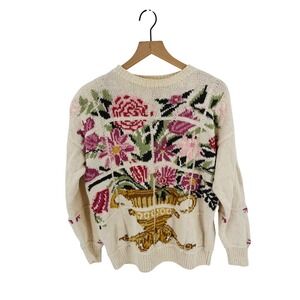 Express Vintage Handknit Botanical Sweater Cream Pink Size S Cottage Grandma‎